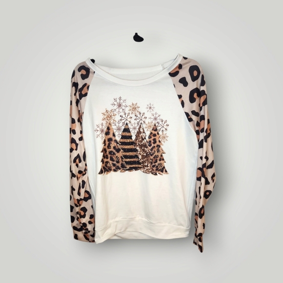 No brand Tops - Leopard Print Sleeve Women's Top White and Brown T Shirt Womens Long Sleeve